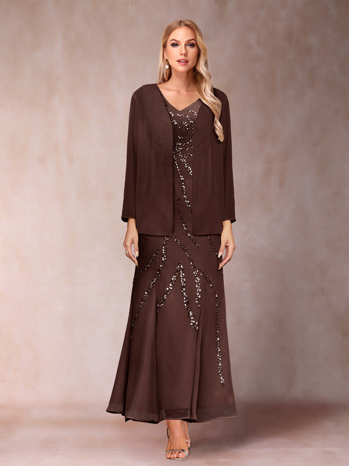 Sheath/Column V-Neck Ankle-Length Evening Dresses With Jacket &amp; Sequins