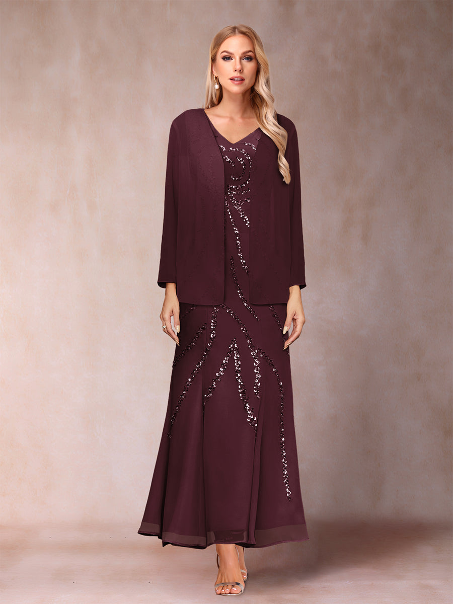 Sheath/Column V-Neck Ankle-Length Evening Dresses With Jacket &amp; Sequins