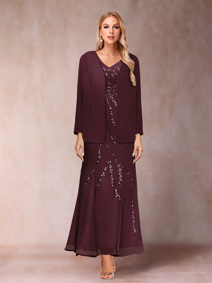 Sheath/Column V-Neck Ankle-Length Evening Dresses With Jacket &amp; Sequins