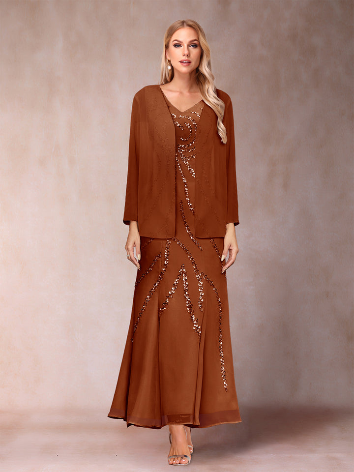 Sheath/Column V-Neck Ankle-Length Evening Dresses With Jacket &amp; Sequins