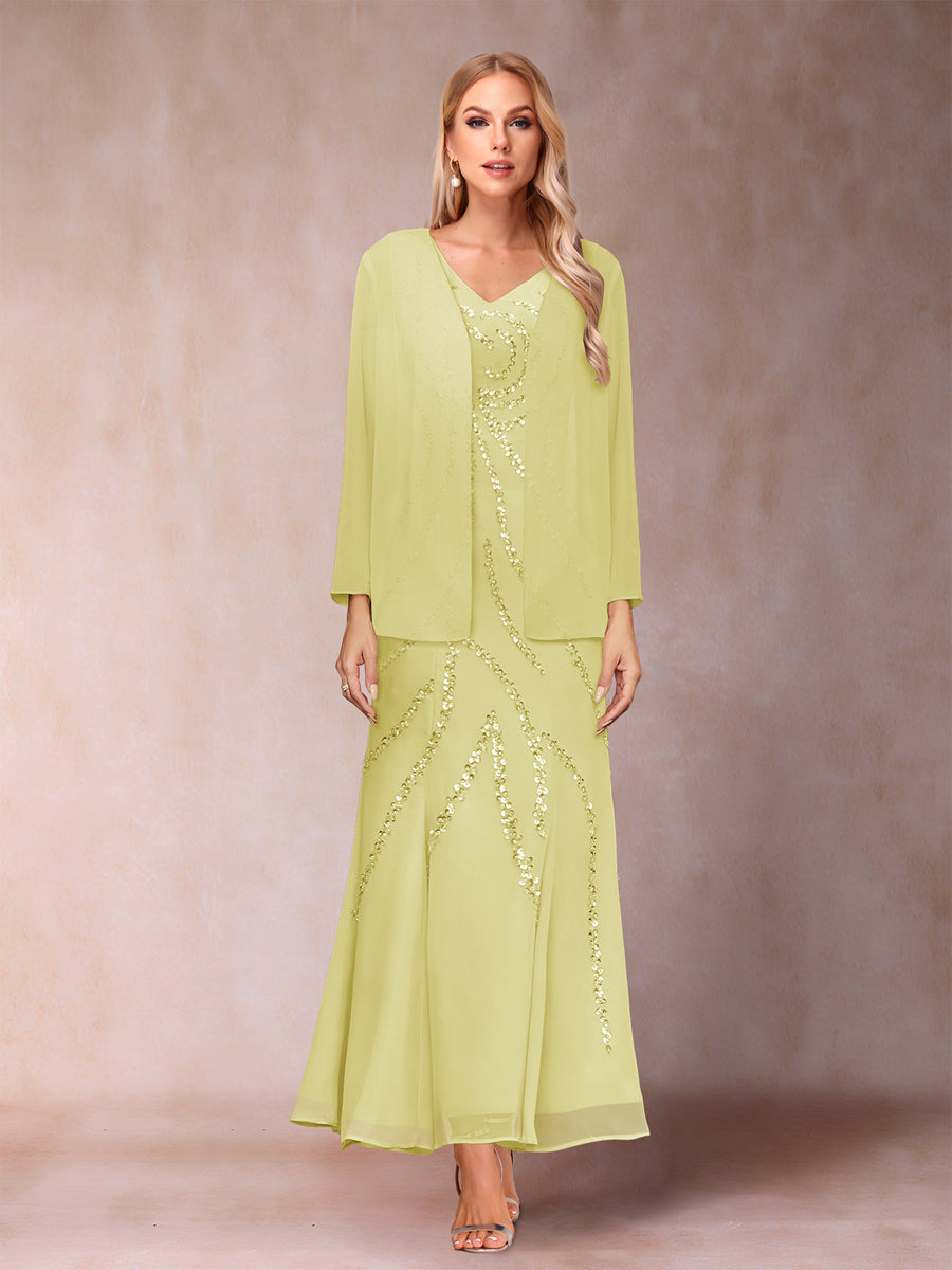 Sheath/Column V-Neck Ankle-Length Evening Dresses With Jacket &amp; Sequins