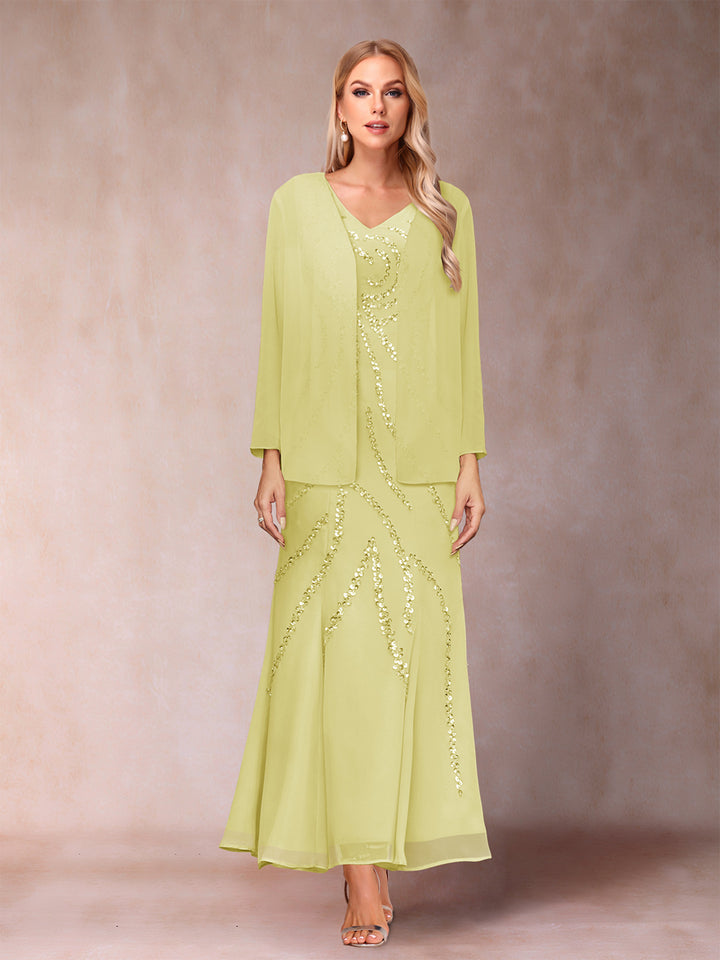 Sheath/Column V-Neck Ankle-Length Evening Dresses With Jacket &amp; Sequins
