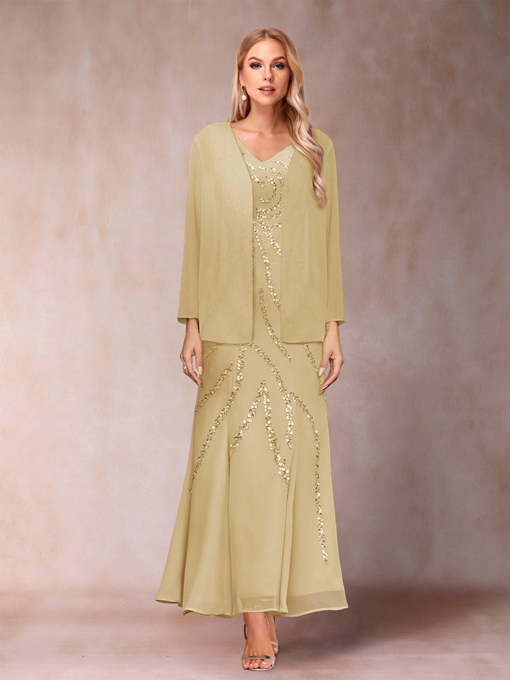 Sheath/Column V-Neck Ankle-Length Evening Dresses With Jacket &amp; Sequins