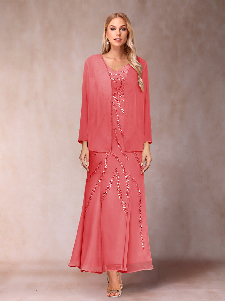 Sheath/Column V-Neck Ankle-Length Evening Dresses With Jacket &amp; Sequins