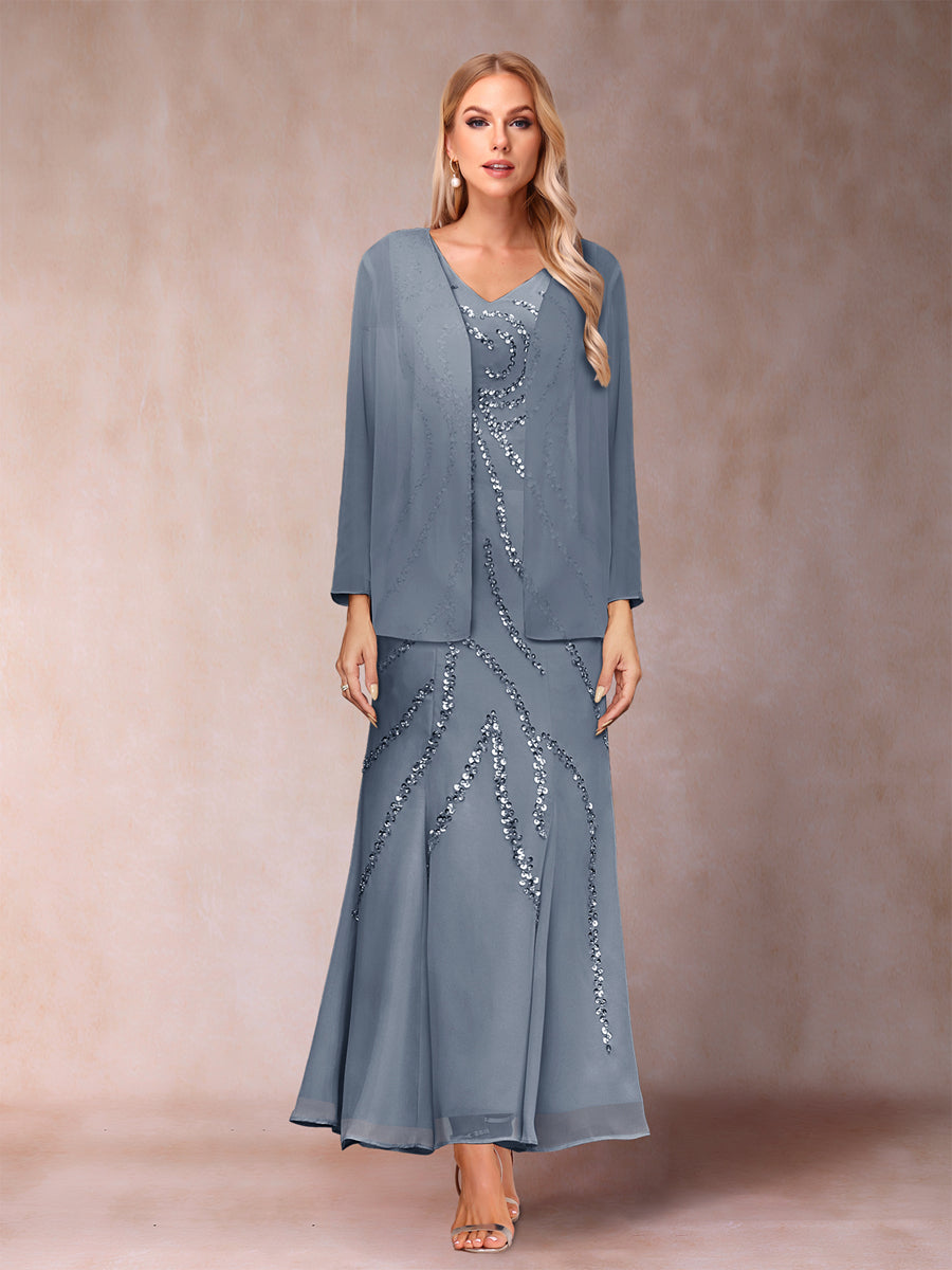 Sheath/Column V-Neck Ankle-Length Evening Dresses With Jacket &amp; Sequins