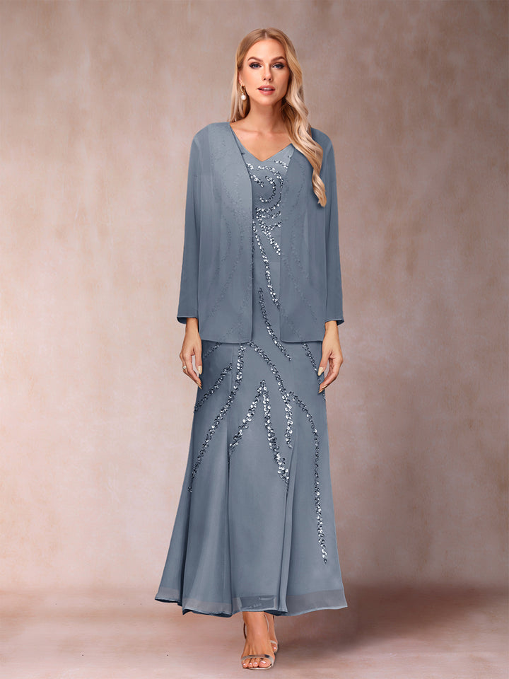 Sheath/Column V-Neck Ankle-Length Evening Dresses With Jacket &amp; Sequins