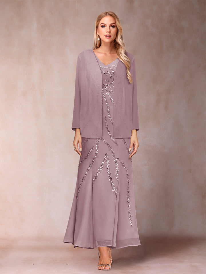 Sheath/Column V-Neck Ankle-Length Evening Dresses With Jacket &amp; Sequins