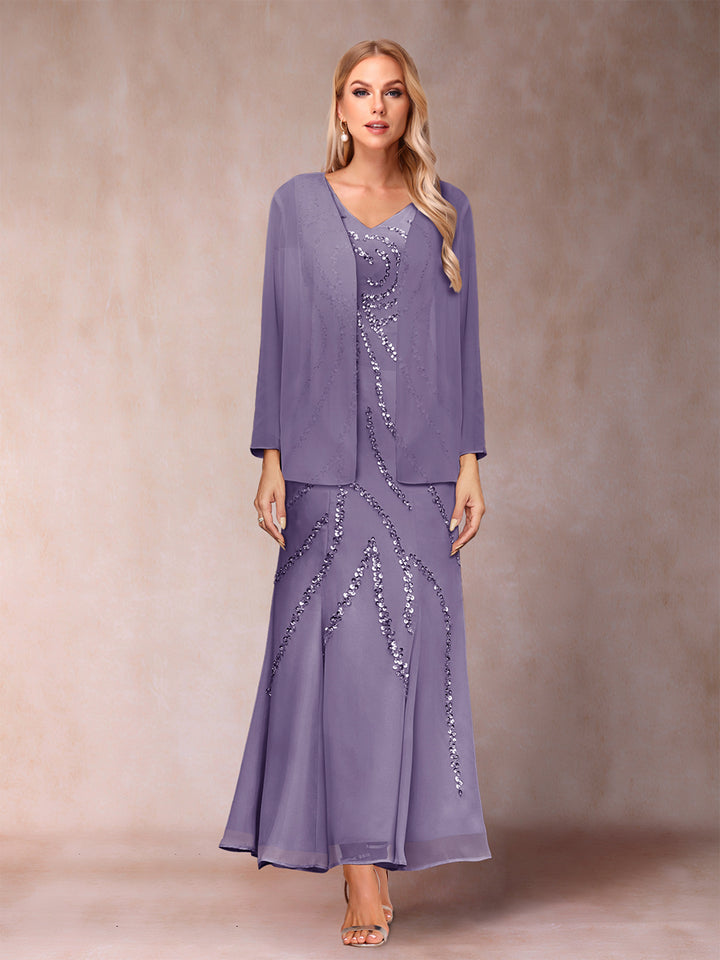 Sheath/Column V-Neck Ankle-Length Evening Dresses With Jacket &amp; Sequins