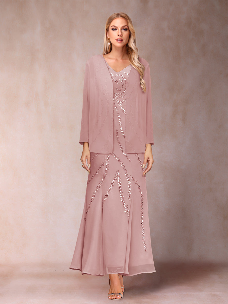 Sheath/Column V-Neck Ankle-Length Evening Dresses With Jacket &amp; Sequins