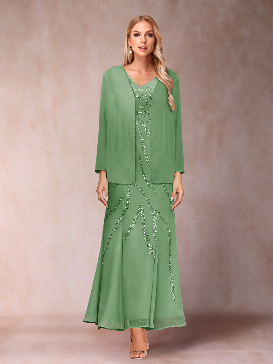 Sheath/Column V-Neck Ankle-Length Evening Dresses With Jacket &amp; Sequins