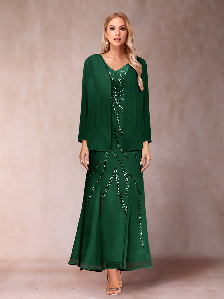 Sheath/Column V-Neck Ankle-Length Evening Dresses With Jacket &amp; Sequins