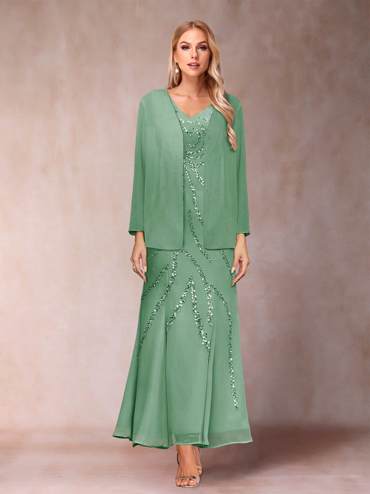 Sheath/Column V-Neck Ankle-Length Evening Dresses With Jacket &amp; Sequins