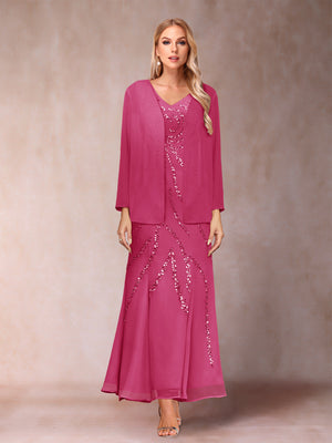 Sheath/Column V-Neck Ankle-Length Evening Dresses With Jacket & Sequins