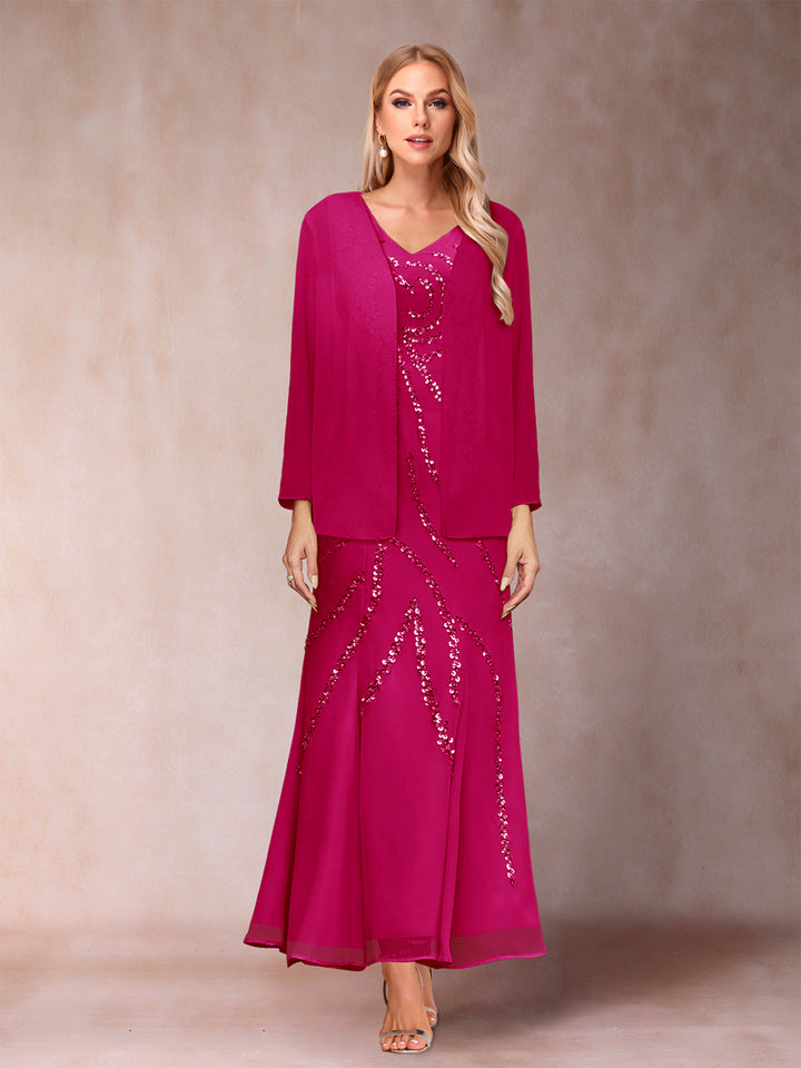 Sheath/Column V-Neck Ankle-Length Evening Dresses With Jacket &amp; Sequins