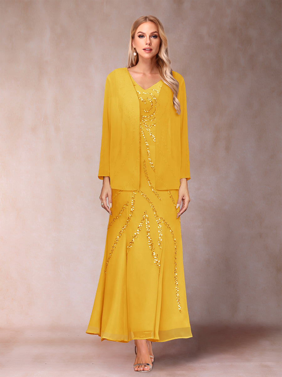 Sheath/Column V-Neck Ankle-Length Evening Dresses With Jacket &amp; Sequins