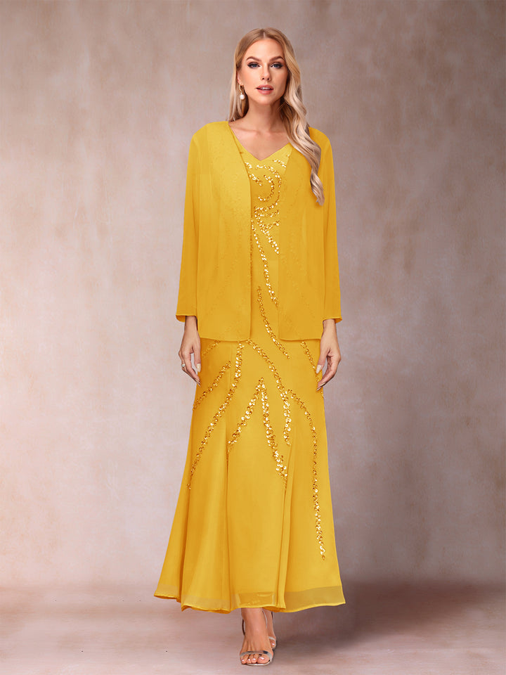 Sheath/Column V-Neck Ankle-Length Evening Dresses With Jacket &amp; Sequins