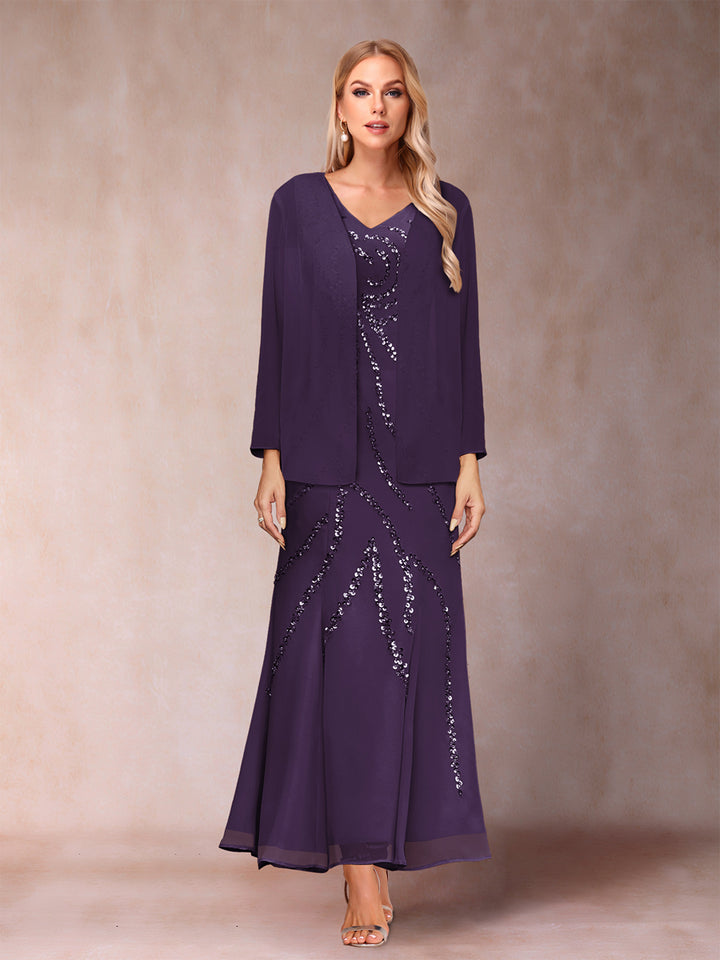 Sheath/Column V-Neck Ankle-Length Evening Dresses With Jacket &amp; Sequins
