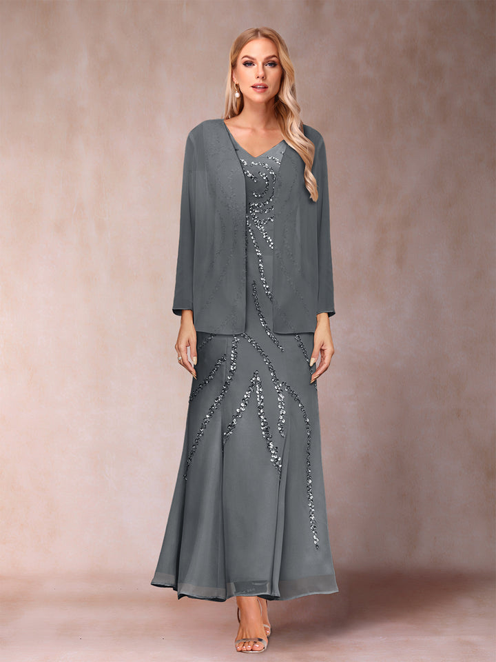 Sheath/Column V-Neck Ankle-Length Evening Dresses With Jacket &amp; Sequins