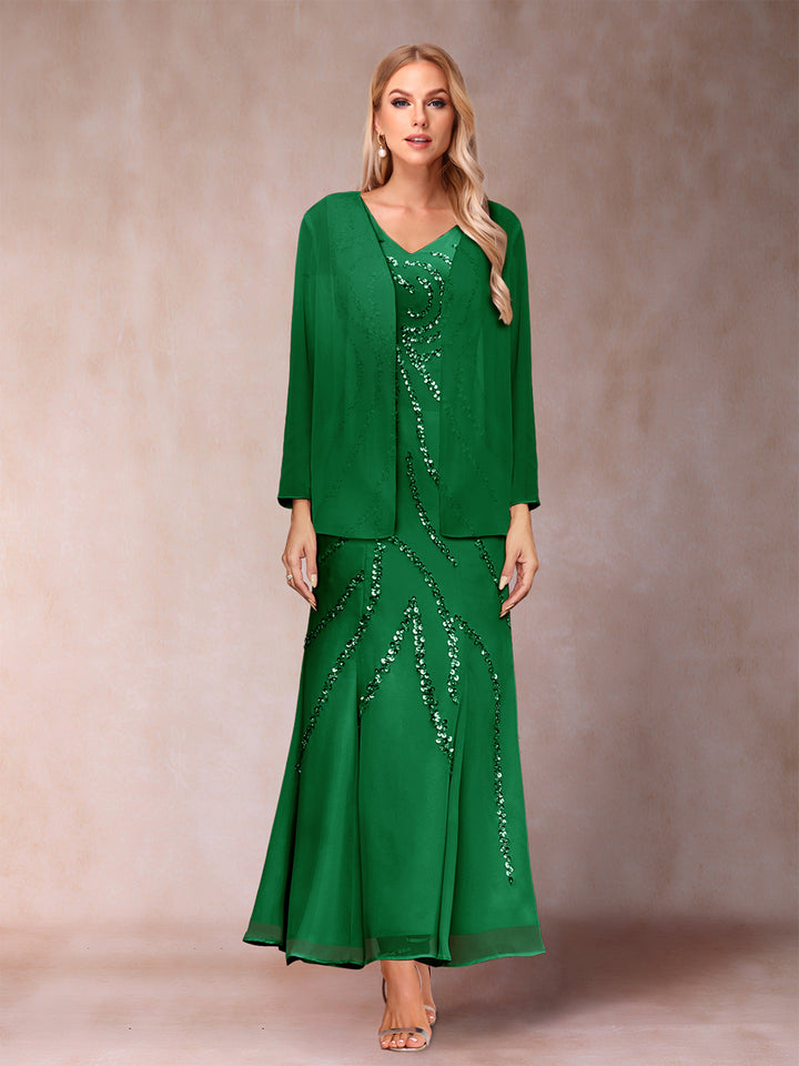 Sheath/Column V-Neck Ankle-Length Evening Dresses With Jacket &amp; Sequins