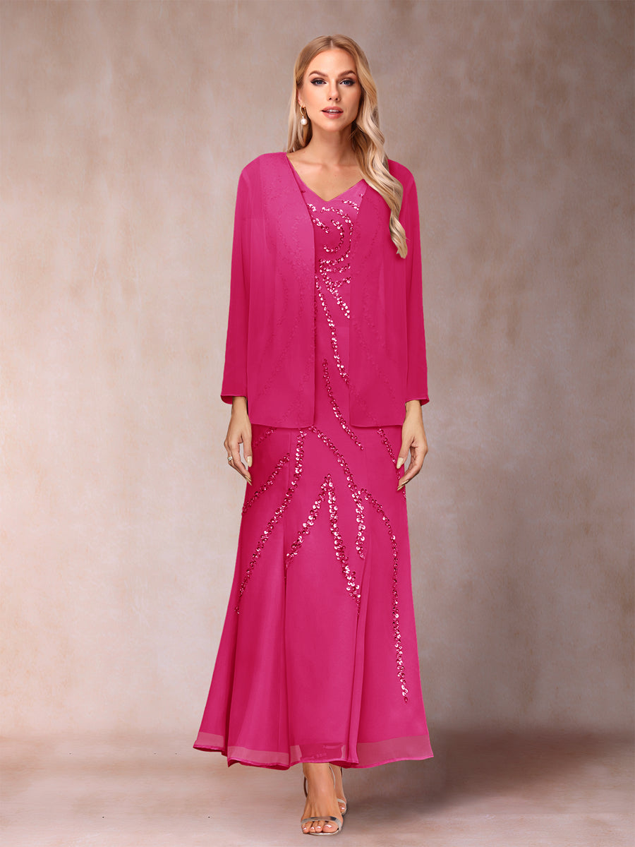 Sheath/Column V-Neck Ankle-Length Evening Dresses With Jacket &amp; Sequins