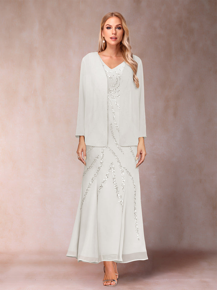 Sheath/Column V-Neck Ankle-Length Evening Dresses With Jacket &amp; Sequins