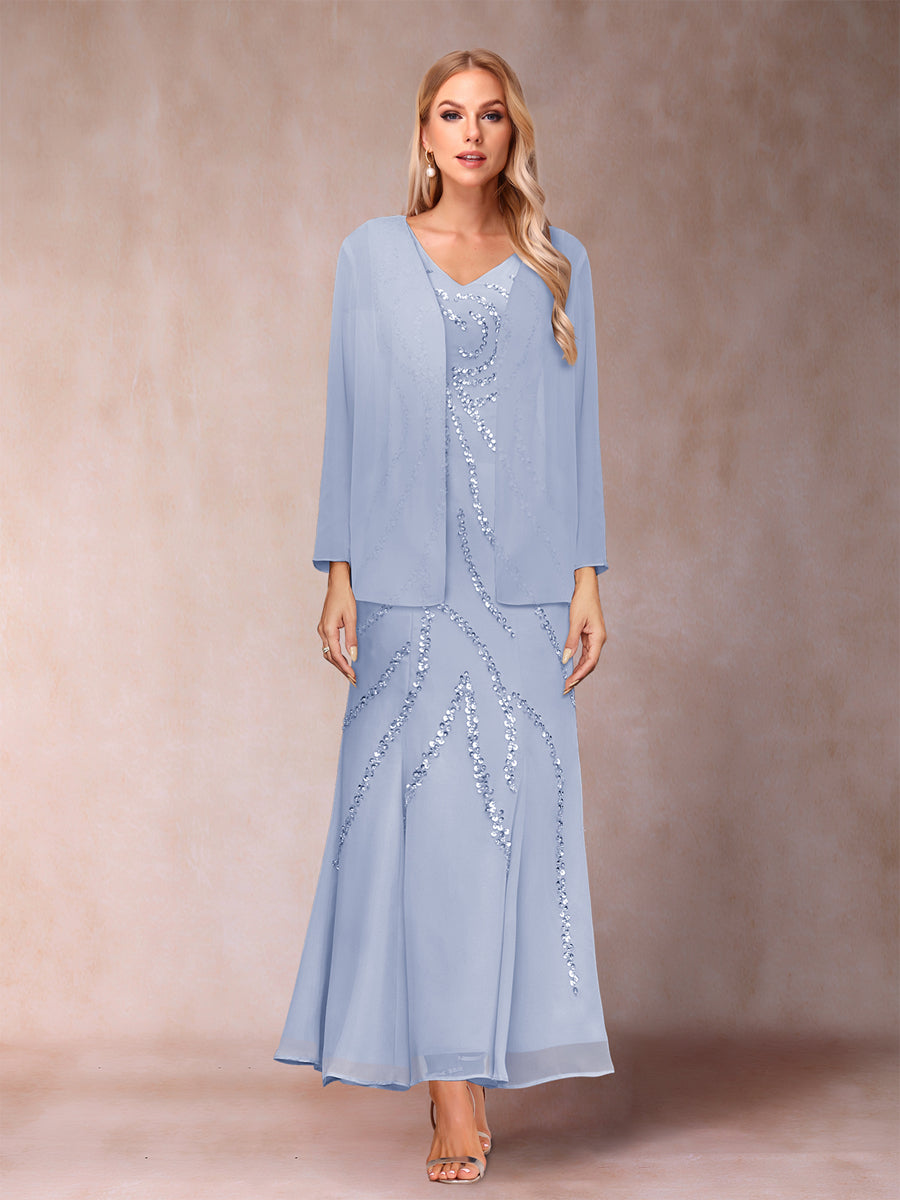 Sheath/Column V-Neck Ankle-Length Evening Dresses With Jacket &amp; Sequins