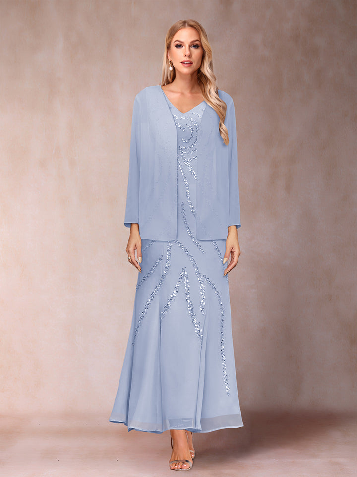 Sheath/Column V-Neck Ankle-Length Evening Dresses With Jacket &amp; Sequins