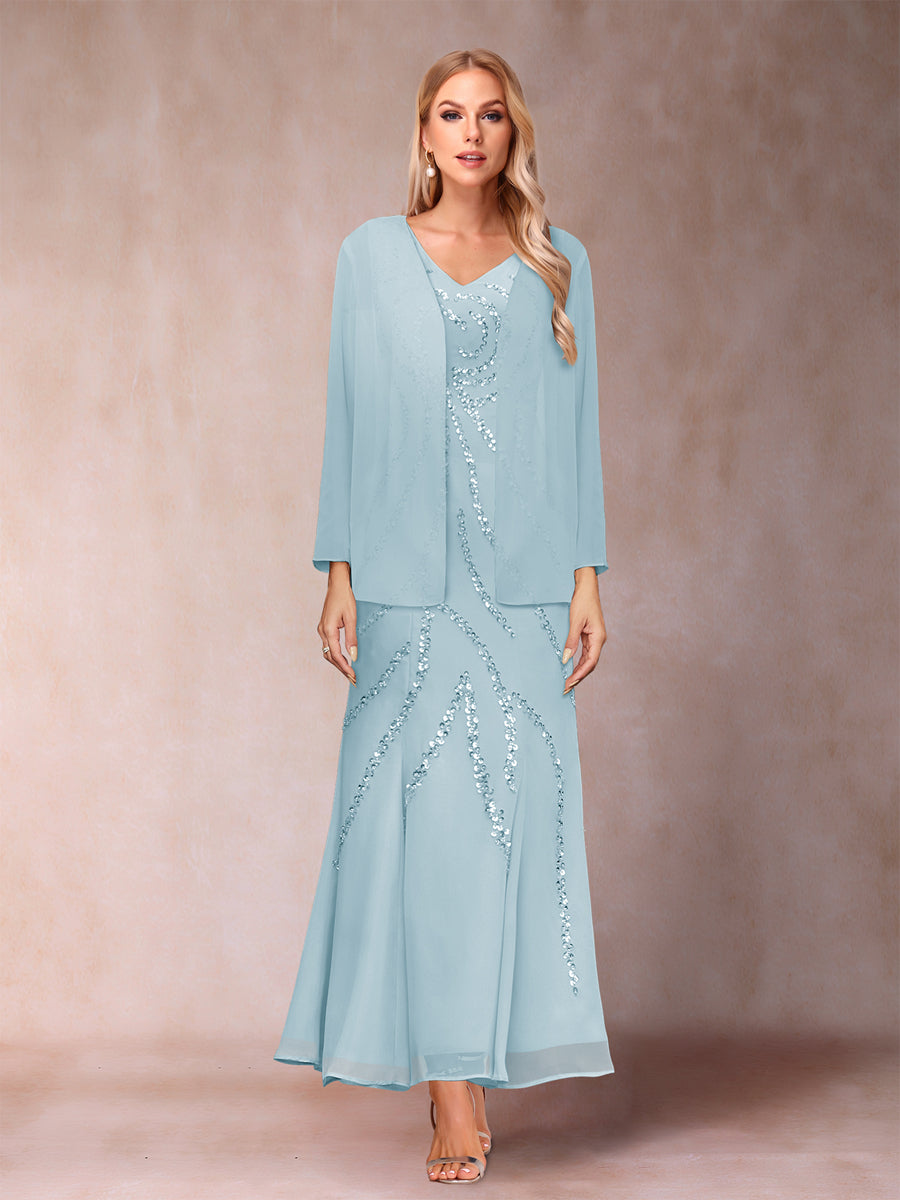 Sheath/Column V-Neck Ankle-Length Evening Dresses With Jacket &amp; Sequins