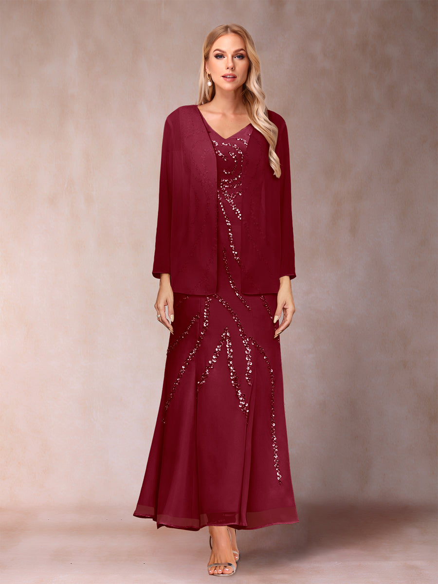 Sheath/Column V-Neck Ankle-Length Evening Dresses With Jacket &amp; Sequins
