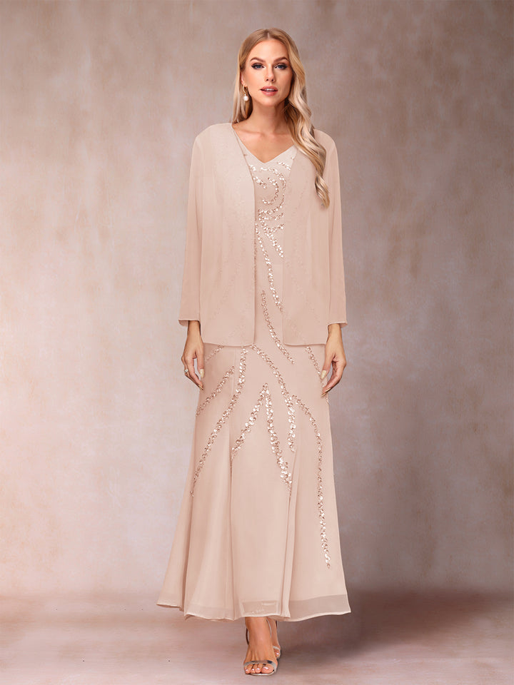 Sheath/Column V-Neck Ankle-Length Evening Dresses With Jacket &amp; Sequins