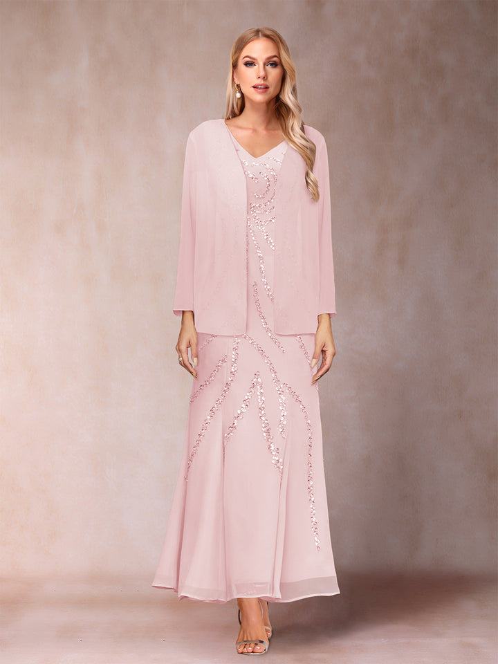 Sheath/Column V-Neck Ankle-Length Evening Dresses With Jacket &amp; Sequins