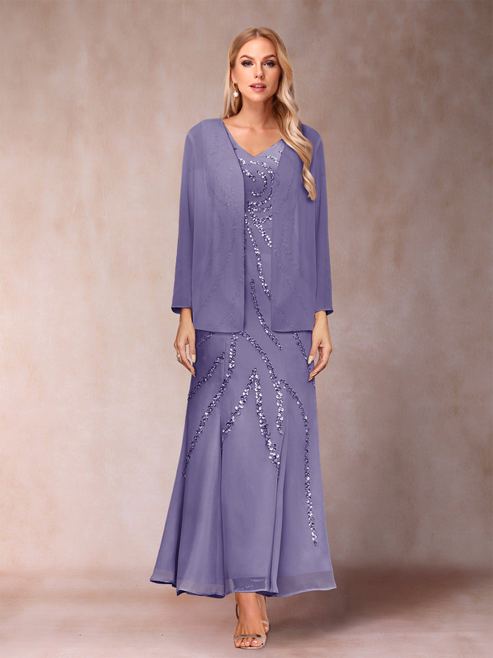 Sheath/Column V-Neck Ankle-Length Evening Dresses With Jacket &amp; Sequins