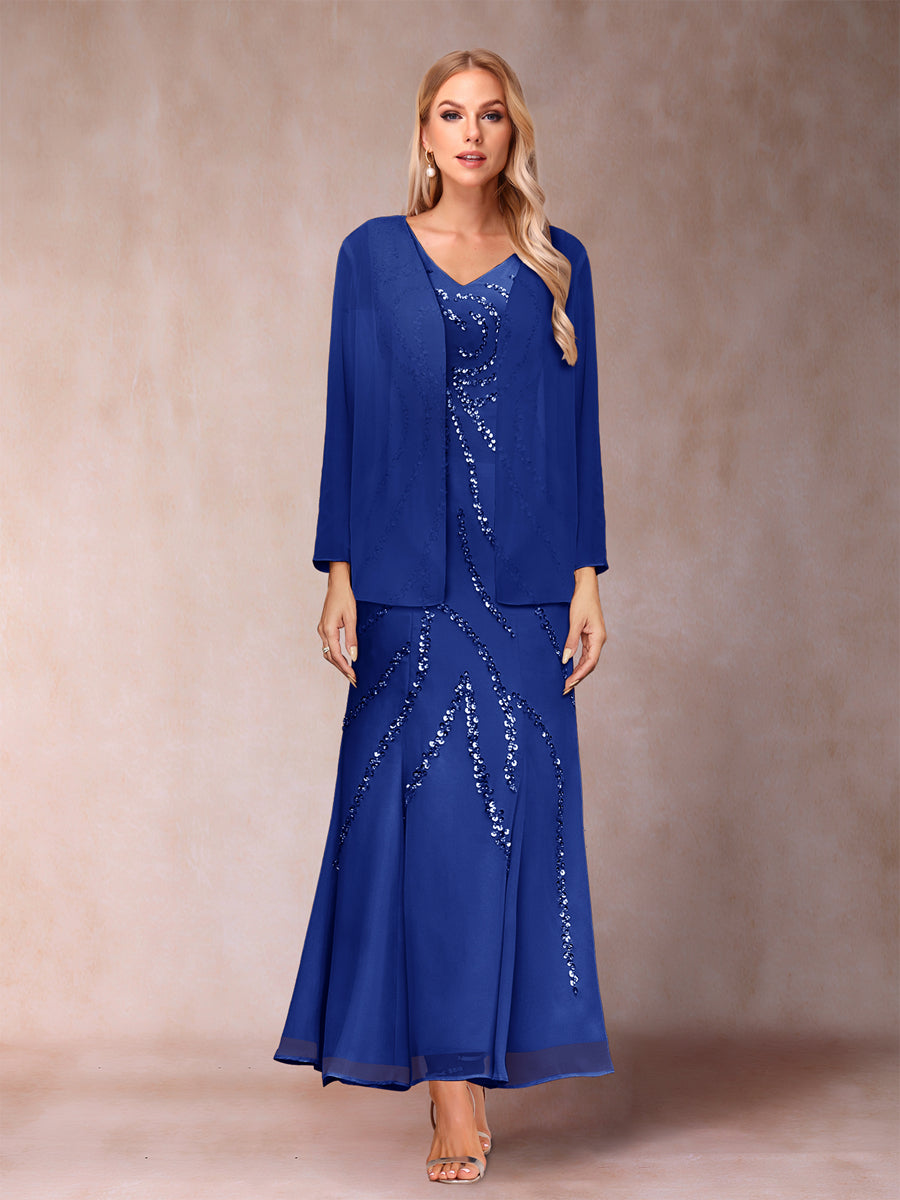 Sheath/Column V-Neck Ankle-Length Evening Dresses With Jacket &amp; Sequins