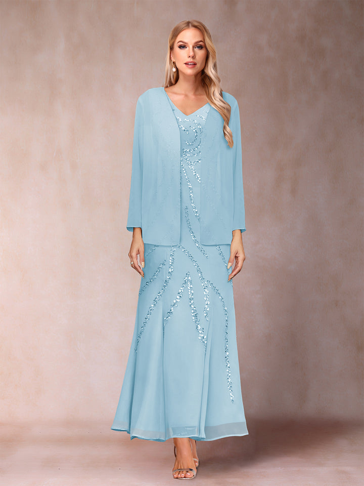 Sheath/Column V-Neck Ankle-Length Evening Dresses With Jacket &amp; Sequins