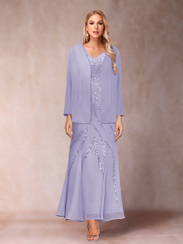 Sheath/Column V-Neck Ankle-Length Evening Dresses With Jacket &amp; Sequins