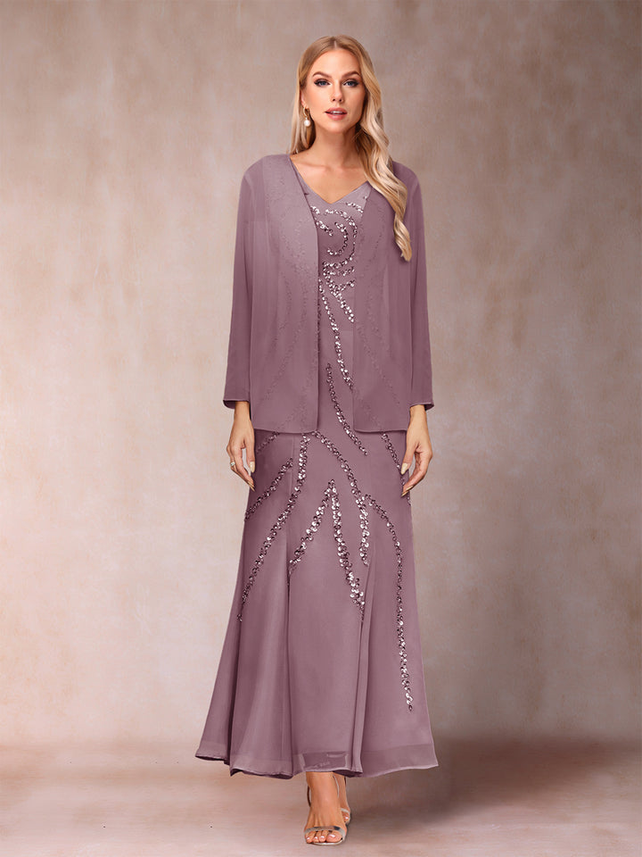 Sheath/Column V-Neck Ankle-Length Evening Dresses With Jacket &amp; Sequins