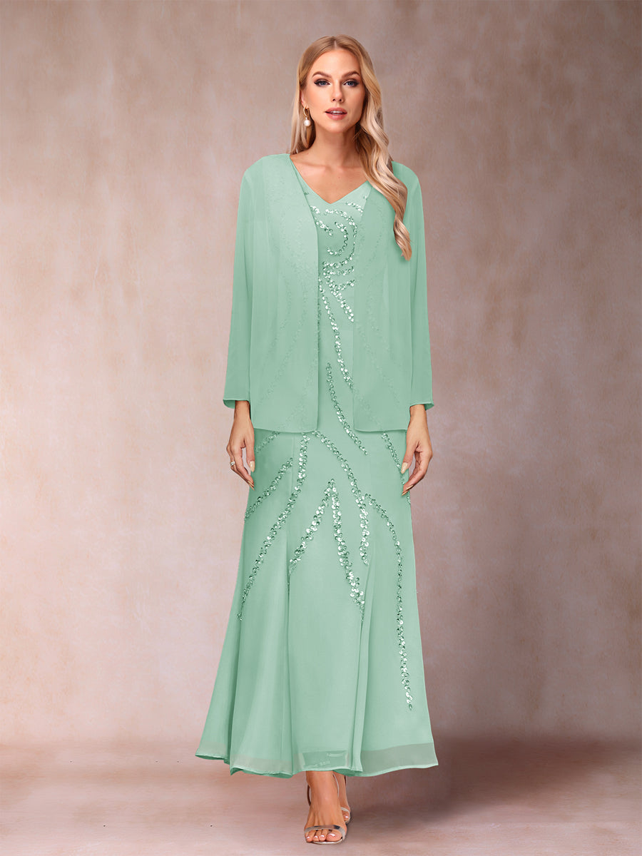 Sheath/Column V-Neck Ankle-Length Evening Dresses With Jacket &amp; Sequins