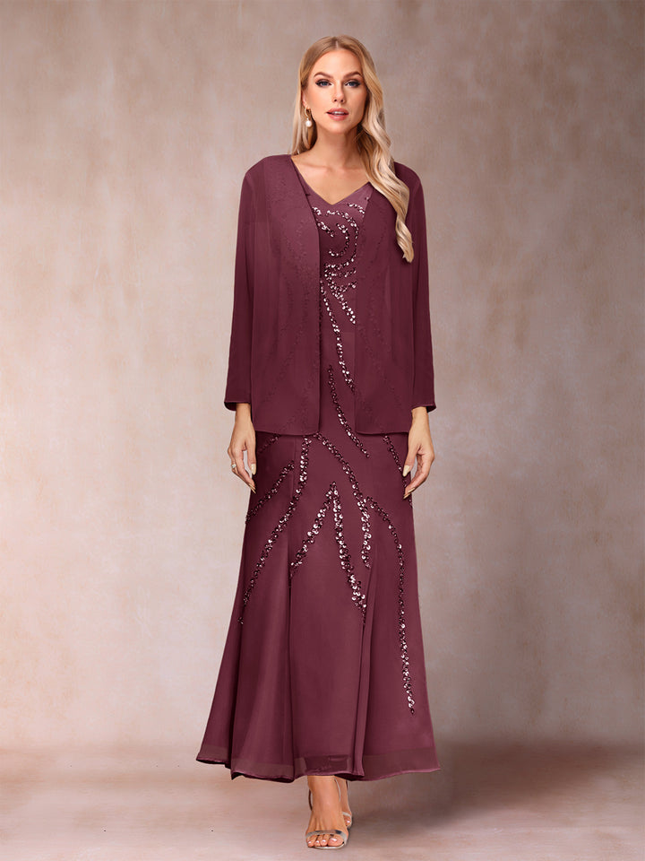 Sheath/Column V-Neck Ankle-Length Evening Dresses With Jacket &amp; Sequins