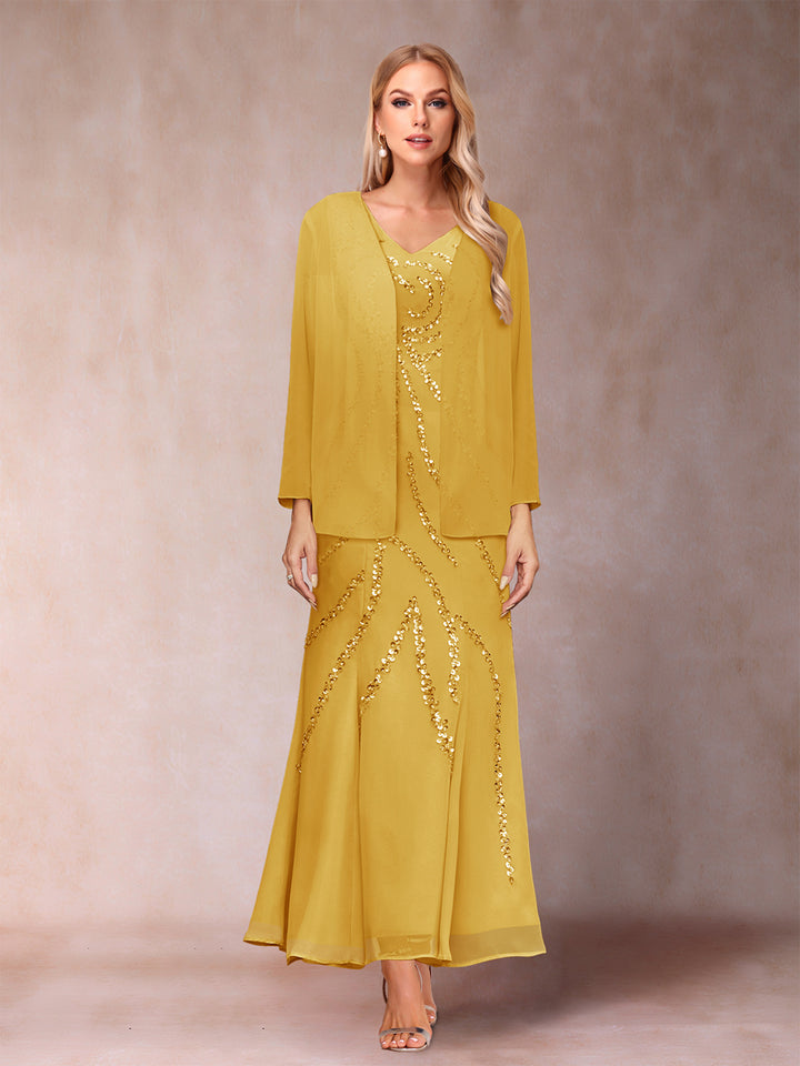 Sheath/Column V-Neck Ankle-Length Evening Dresses With Jacket &amp; Sequins