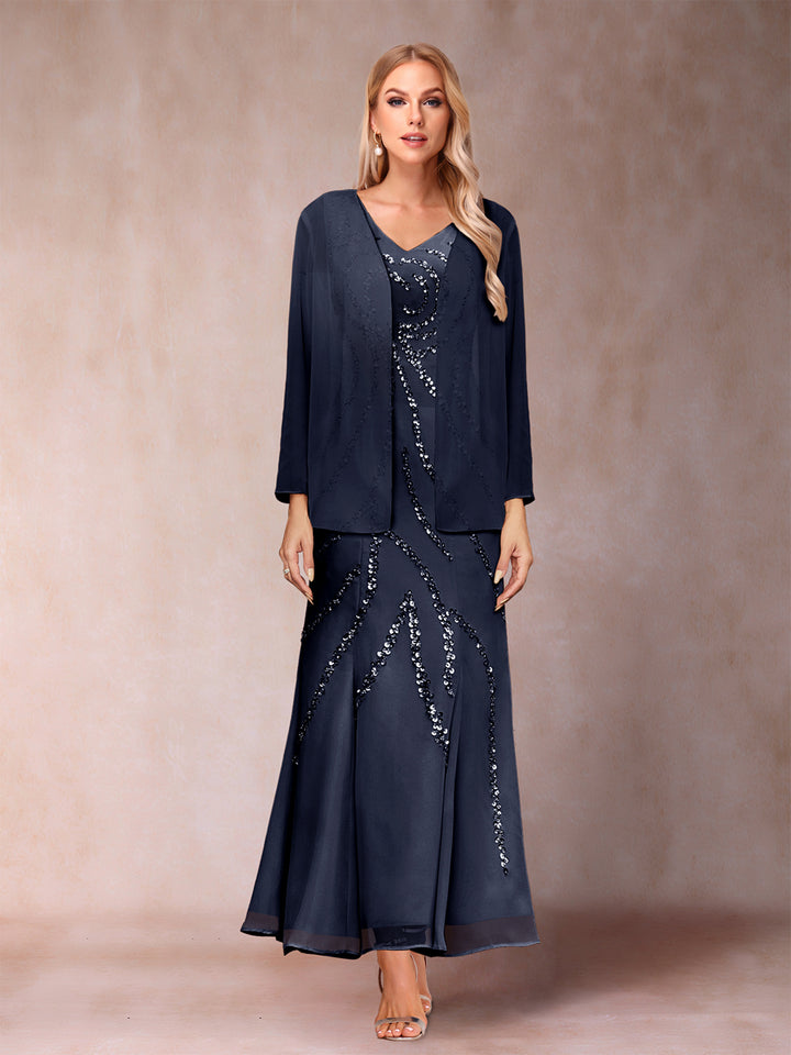 Sheath/Column V-Neck Ankle-Length Evening Dresses With Jacket &amp; Sequins