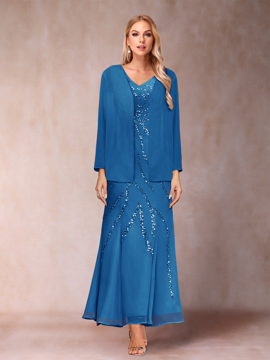 Sheath/Column V-Neck Ankle-Length Evening Dresses With Jacket &amp; Sequins