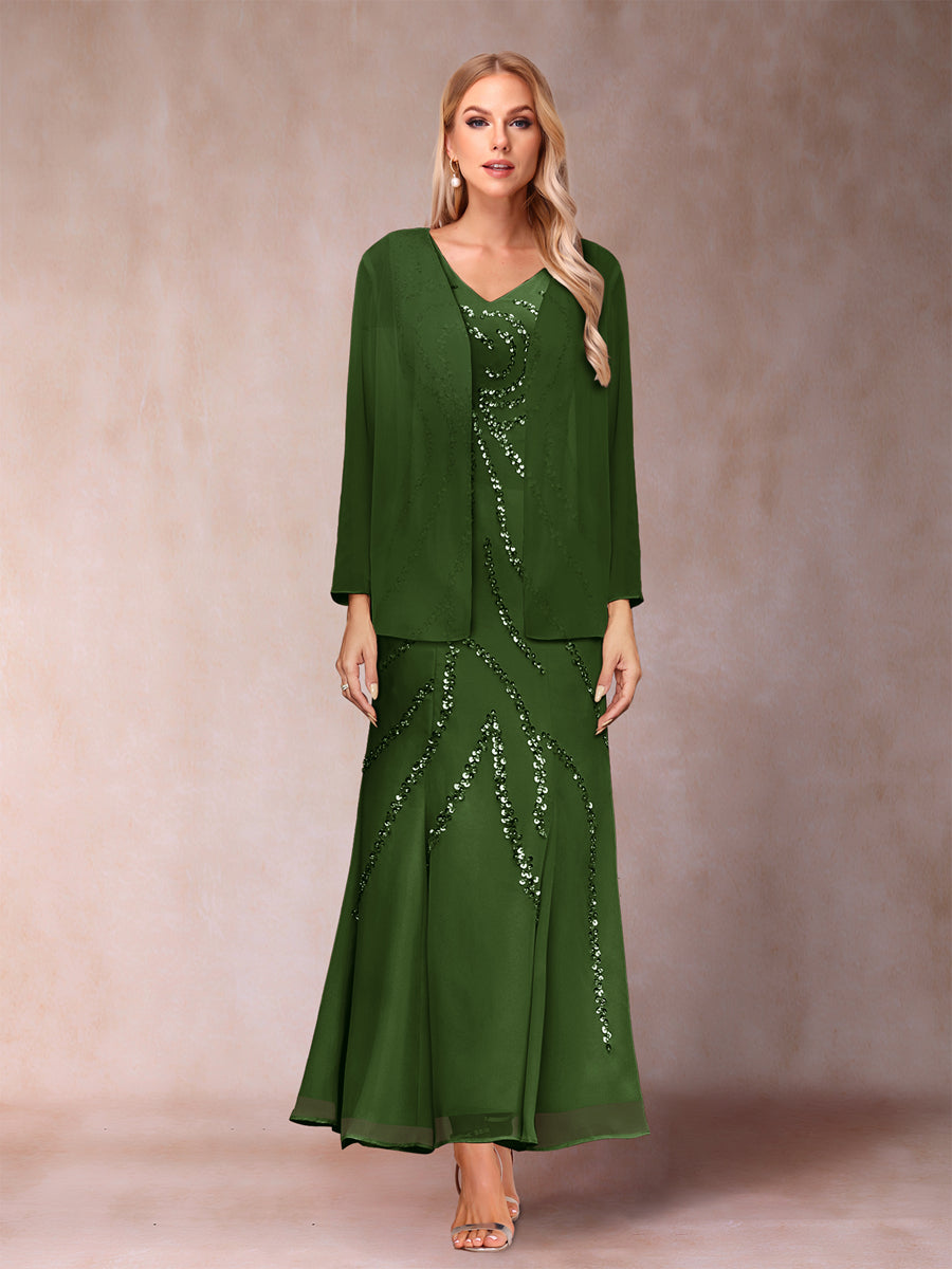 Sheath/Column V-Neck Ankle-Length Evening Dresses With Jacket &amp; Sequins