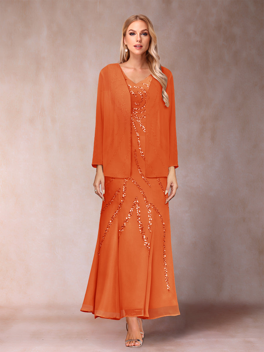 Sheath/Column V-Neck Ankle-Length Evening Dresses With Jacket &amp; Sequins