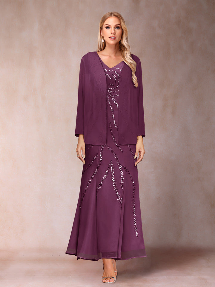 Sheath/Column V-Neck Ankle-Length Evening Dresses With Jacket &amp; Sequins