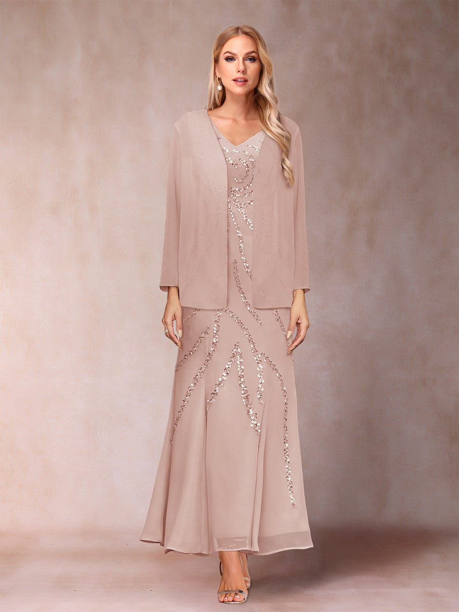 Sheath/Column V-Neck Ankle-Length Evening Dresses With Jacket &amp; Sequins