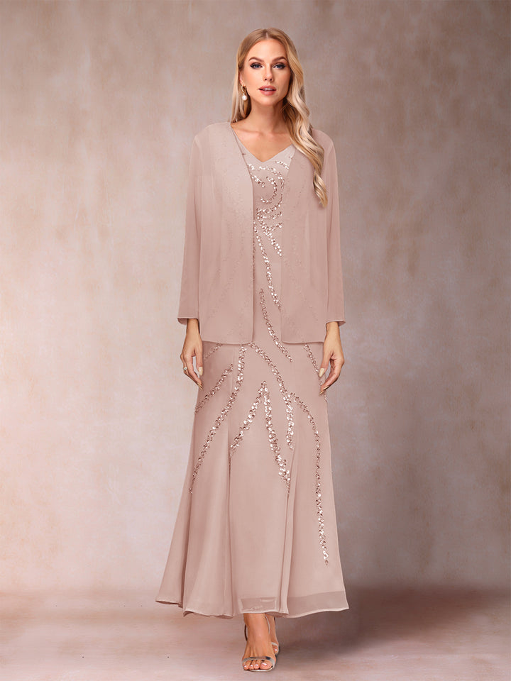 Sheath/Column V-Neck Ankle-Length Evening Dresses With Jacket &amp; Sequins