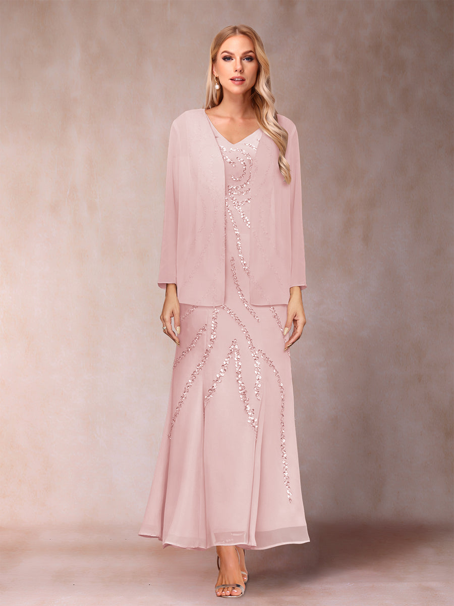 Sheath/Column V-Neck Ankle-Length Evening Dresses With Jacket &amp; Sequins
