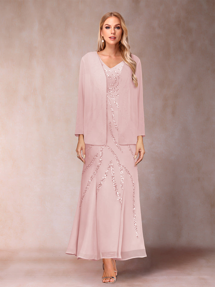 Sheath/Column V-Neck Ankle-Length Evening Dresses With Jacket &amp; Sequins
