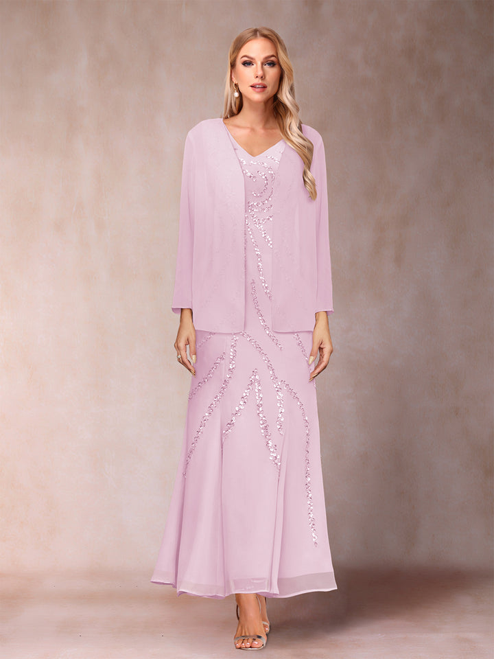Sheath/Column V-Neck Ankle-Length Evening Dresses With Jacket &amp; Sequins