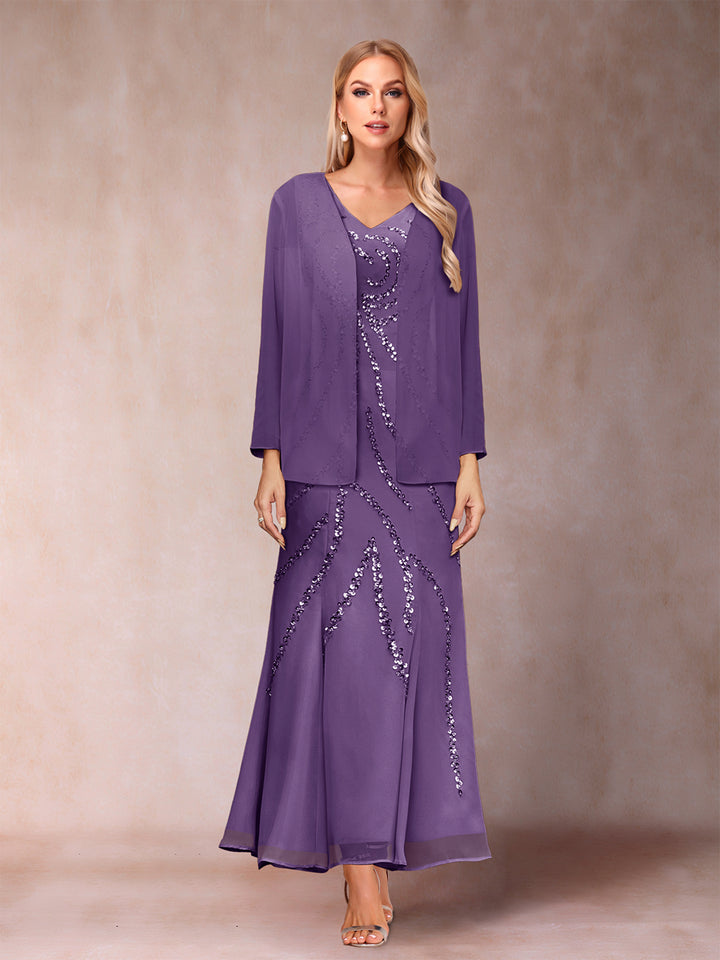 Sheath/Column V-Neck Ankle-Length Evening Dresses With Jacket &amp; Sequins